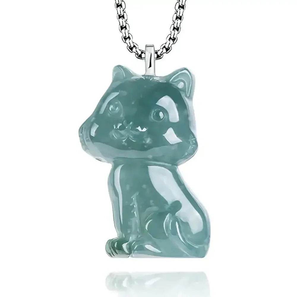 Jade Cat Necklace Blue Water Fei Cui Jadeit Kitty S925 Pure Silver Titanium Chain - Loton Decor