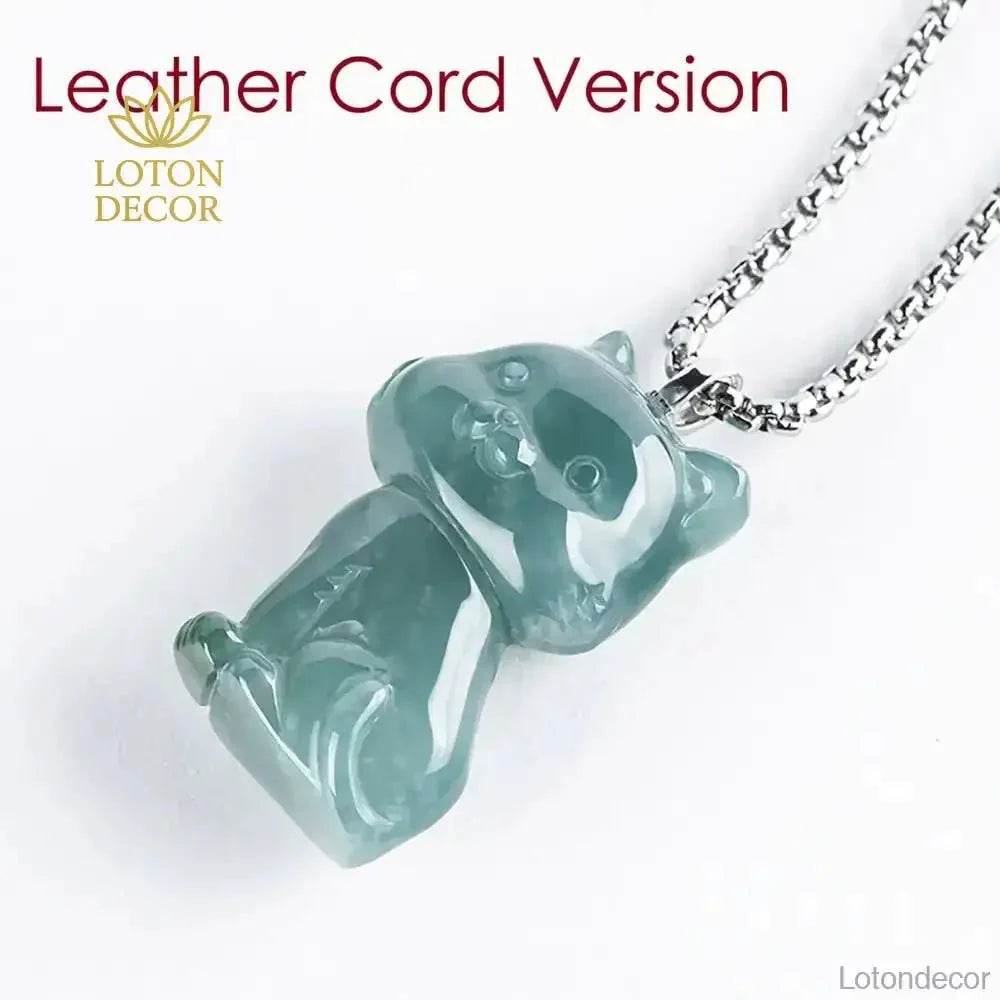 Jade Cat Necklace Blue Water Fei Cui Jadeit Kitty S925 Pure Silver Titanium Chain - Loton Decor