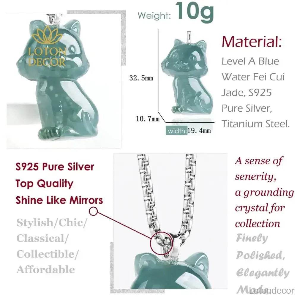 Jade Cat Necklace Blue Water Fei Cui Jadeit Kitty S925 Pure Silver Titanium Chain - Loton Decor