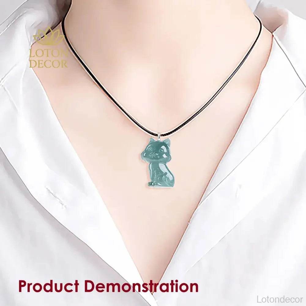 Jade Cat Necklace Blue Water Fei Cui Jadeit Kitty S925 Pure Silver Titanium Chain - Loton Decor