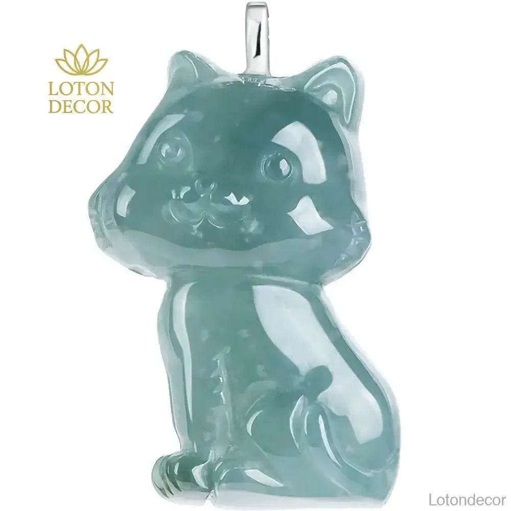 Jade Cat Necklace Blue Water Fei Cui Jadeit Kitty S925 Pure Silver Titanium Chain - Loton Decor
