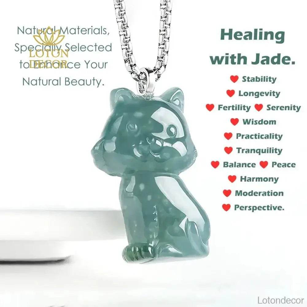 Jade Cat Necklace Blue Water Fei Cui Jadeit Kitty S925 Pure Silver Titanium Chain - Loton Decor