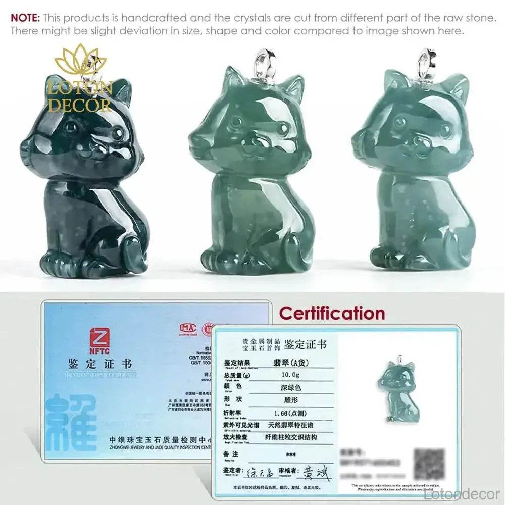 Jade Cat Necklace Blue Water Fei Cui Jadeit Kitty S925 Pure Silver Titanium Chain - Loton Decor