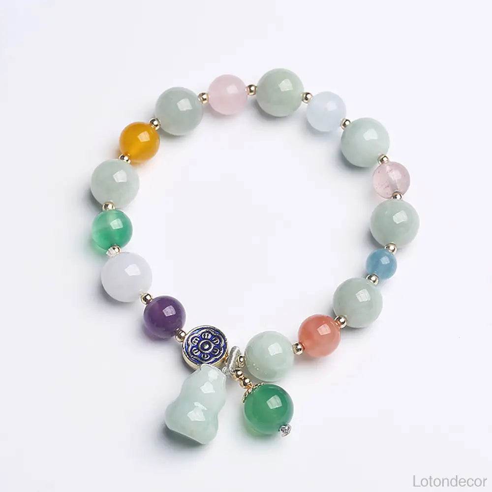 Jade Longevity Gourd Bracelet 7 Chakra Healing Balancing Agate Gems Wu Lou Tibetan Lotus Charm Meditation Bracelet - Loton Decor