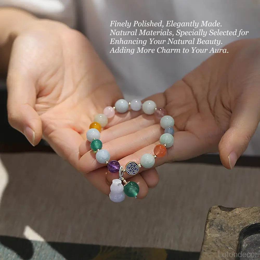 Jade Longevity Gourd Bracelet 7 Chakra Healing Balancing Agate Gems Wu Lou Tibetan Lotus Charm Meditation Bracelet - Loton Decor