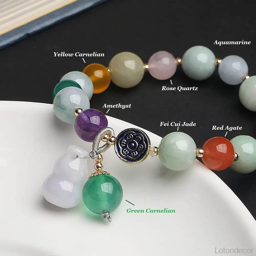 Jade Longevity Gourd Bracelet 7 Chakra Healing Balancing Agate Gems Wu Lou Tibetan Lotus Charm Meditation Bracelet - Loton Decor