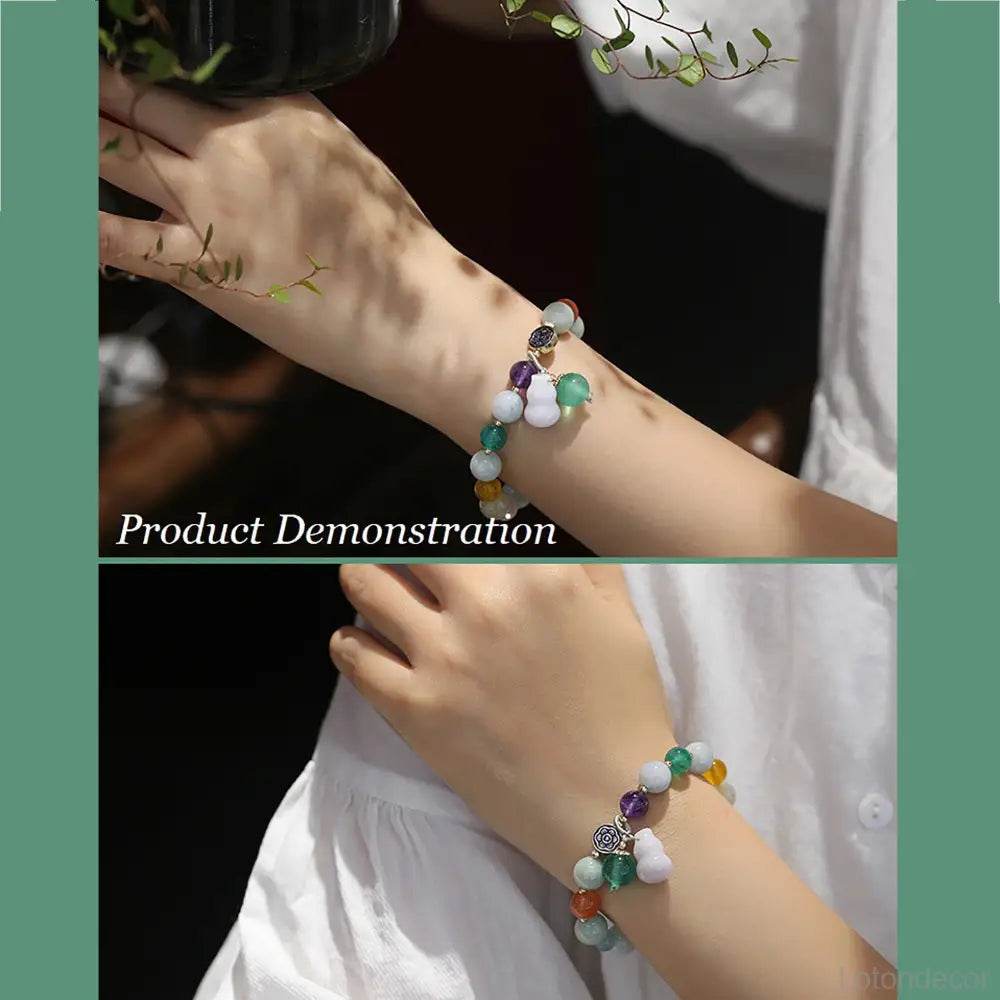 Jade Longevity Gourd Bracelet 7 Chakra Healing Balancing Agate Gems Wu Lou Tibetan Lotus Charm Meditation Bracelet - Loton Decor