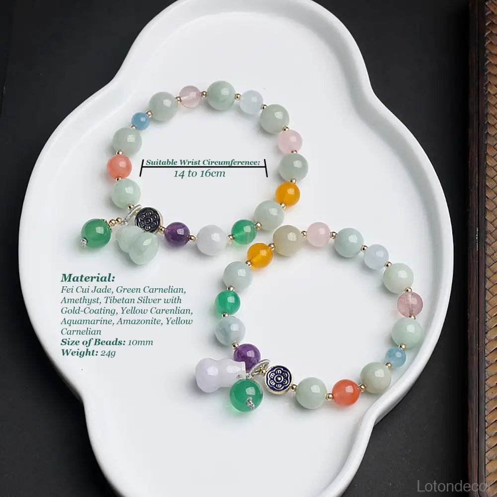 Jade Longevity Gourd Bracelet 7 Chakra Healing Balancing Agate Gems Wu Lou Tibetan Lotus Charm Meditation Bracelet - Loton Decor