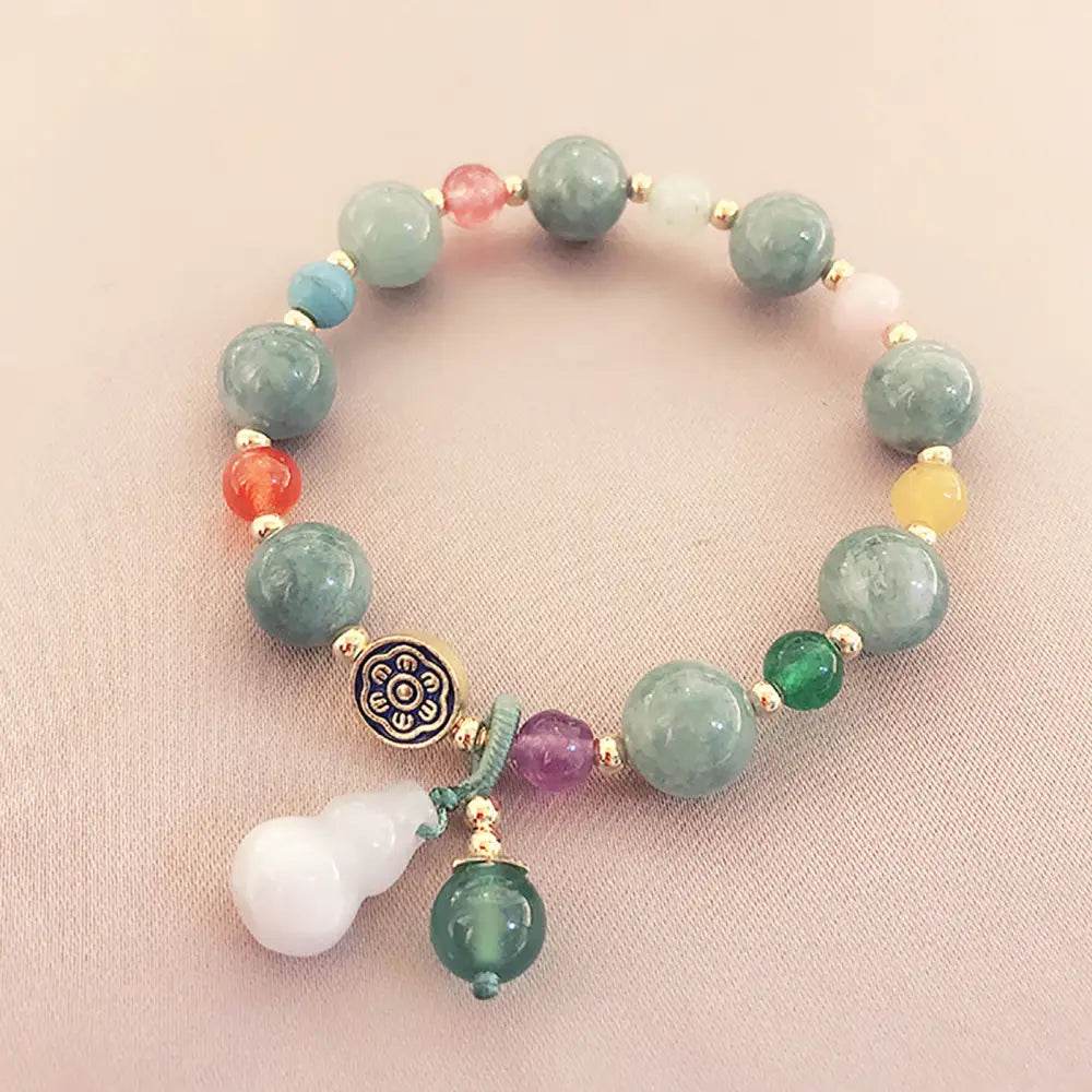 Jade Longevity Gourd Bracelet 7 Chakra Healing Balancing Agate Gems Wu Lou Tibetan Lotus Charm Meditation Bracelet - Loton Decor