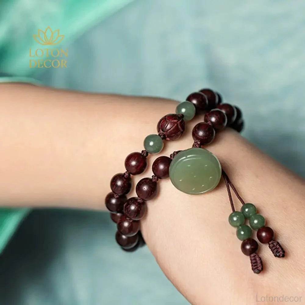 Jade Lotus Prayer Bracelet – Multi-Wrap Wood Beads Wealth Amulet - Loton Decor