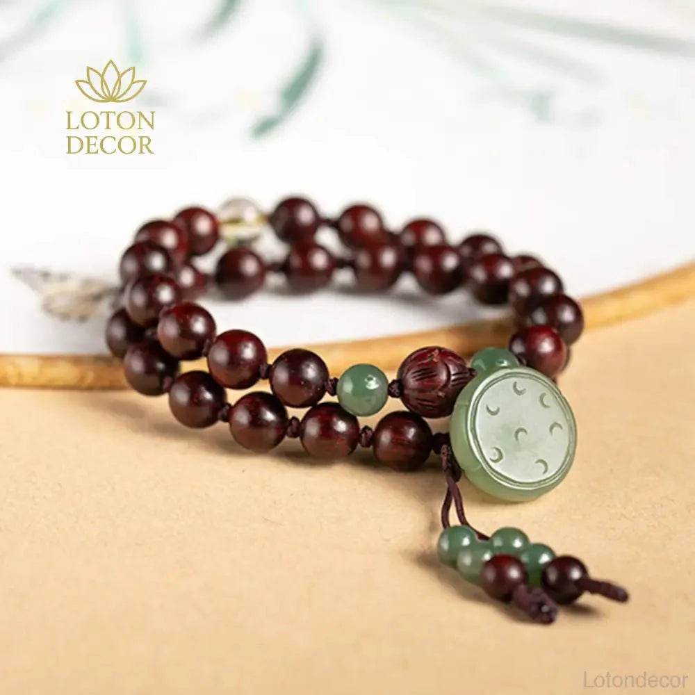 Jade Lotus Prayer Bracelet – Multi-Wrap Wood Beads Wealth Amulet - Loton Decor