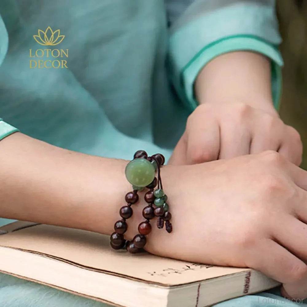 Jade Lotus Prayer Bracelet – Multi-Wrap Wood Beads Wealth Amulet - Loton Decor