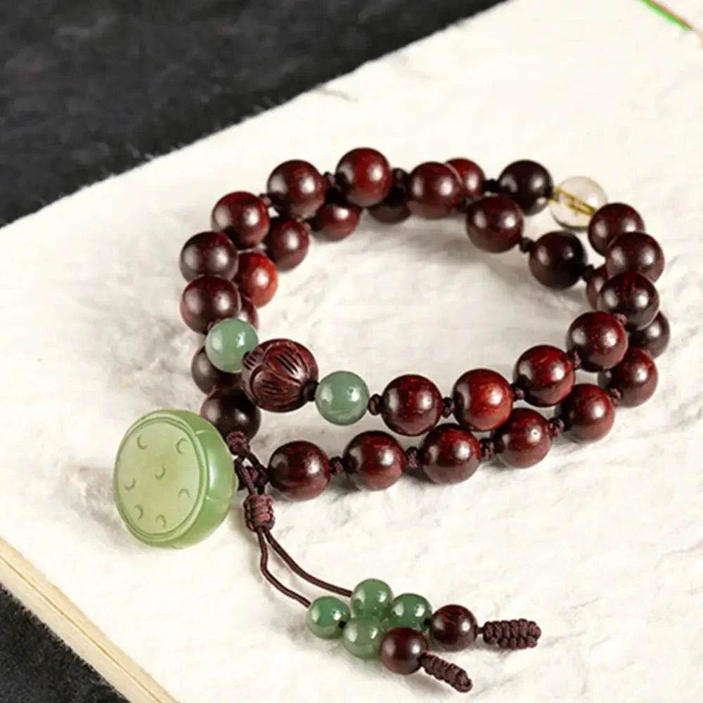 Jade Lotus Prayer Bracelet – Multi-Wrap Wood Beads Wealth Amulet - Loton Decor