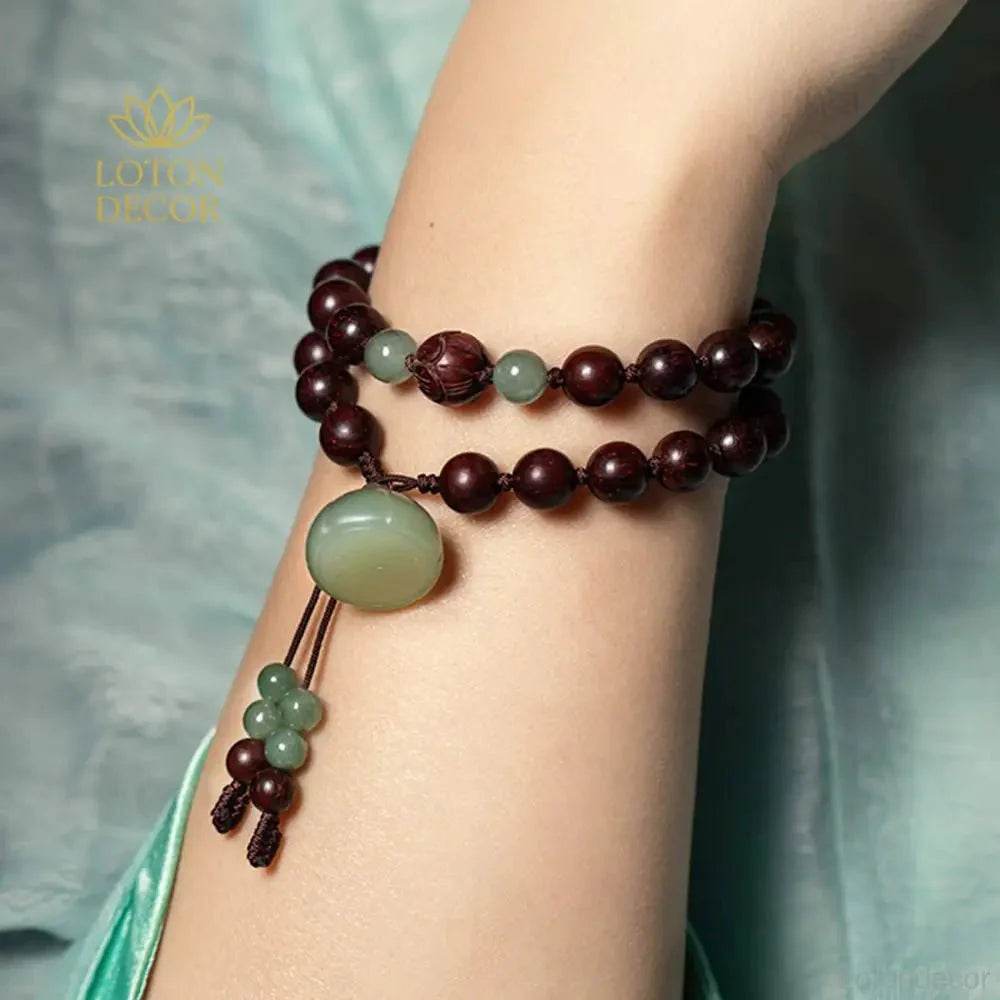 Jade Lotus Prayer Bracelet – Multi-Wrap Wood Beads Wealth Amulet - Loton Decor