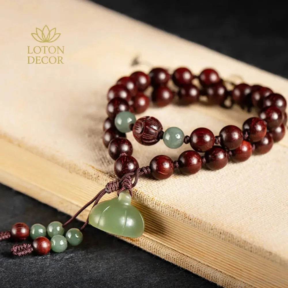 Jade Lotus Prayer Bracelet – Multi-Wrap Wood Beads Wealth Amulet - Loton Decor