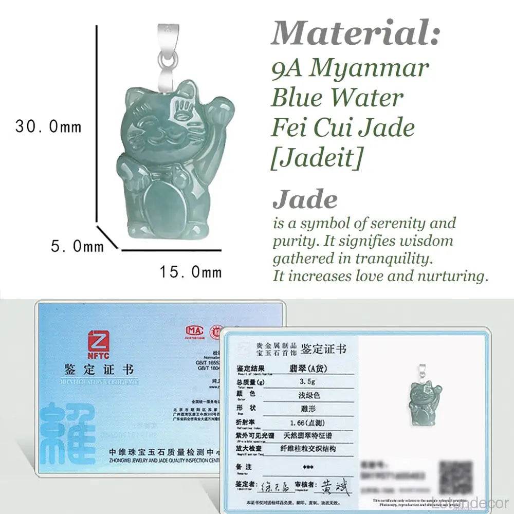 Jade Lucky Cat Necklace Pure Silver Parts Maneki Neko Feng Shui Crystal Necklace for Money Wealth - Loton Decor