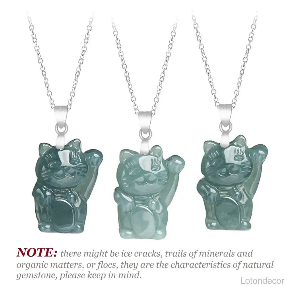 Jade Lucky Cat Necklace Pure Silver Parts Maneki Neko Feng Shui Crystal Necklace for Money Wealth - Loton Decor