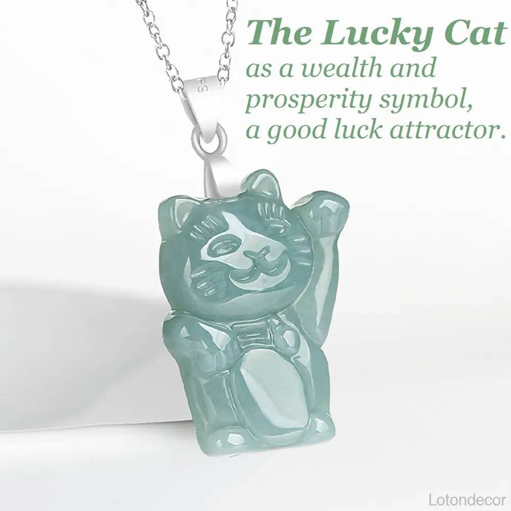 Jade Lucky Cat Necklace Pure Silver Parts Maneki Neko Feng Shui Crystal Necklace for Money Wealth - Loton Decor