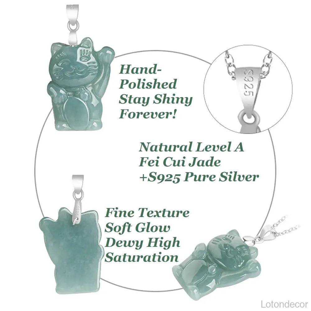 Jade Lucky Cat Necklace Pure Silver Parts Maneki Neko Feng Shui Crystal Necklace for Money Wealth - Loton Decor