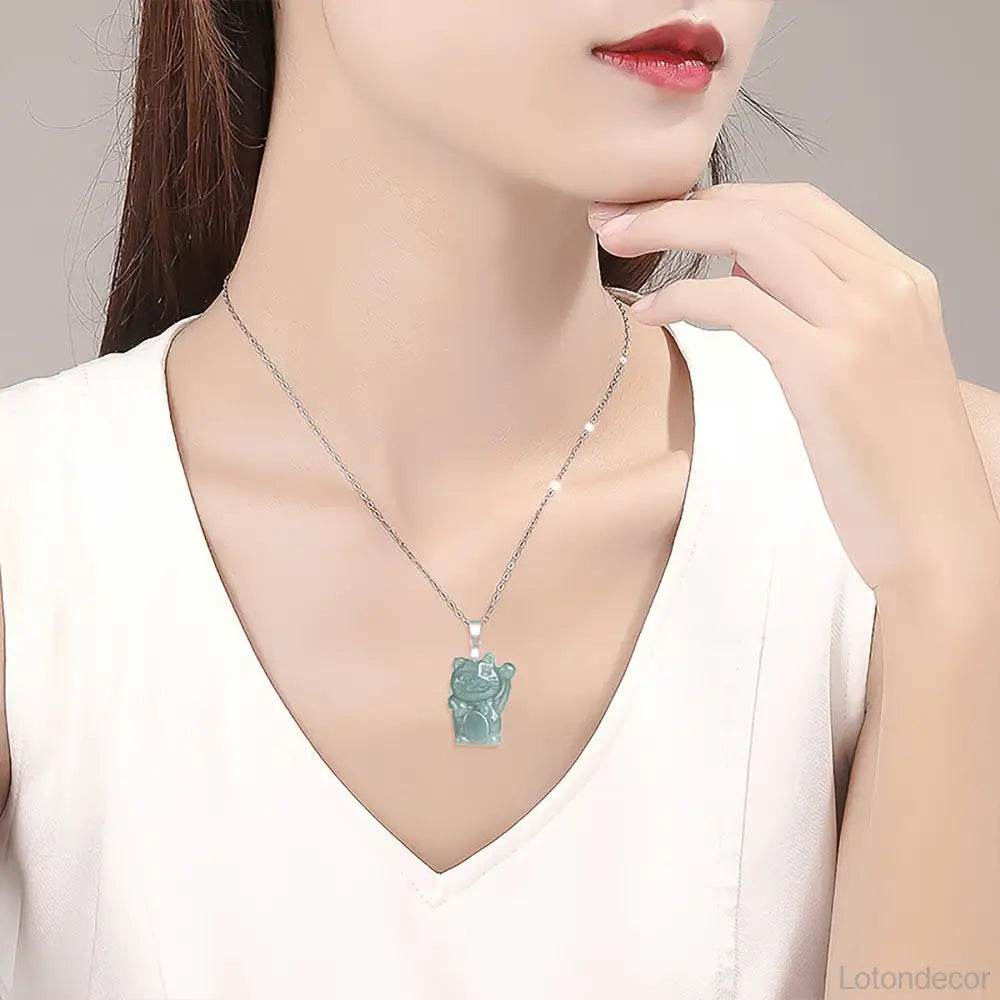 Jade Lucky Cat Necklace Pure Silver Parts Maneki Neko Feng Shui Crystal Necklace for Money Wealth - Loton Decor
