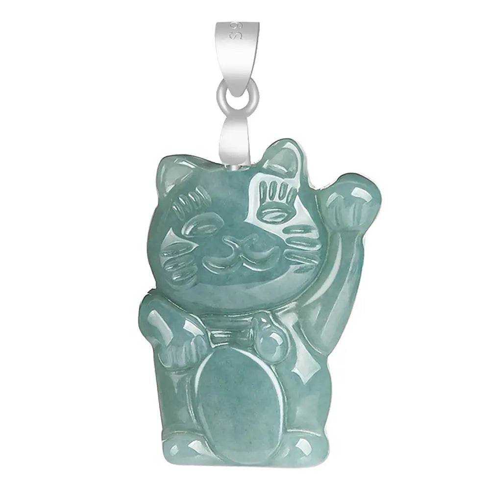 Jade Lucky Cat Necklace Pure Silver Parts Maneki Neko Feng Shui Crystal Necklace for Money Wealth - Loton Decor