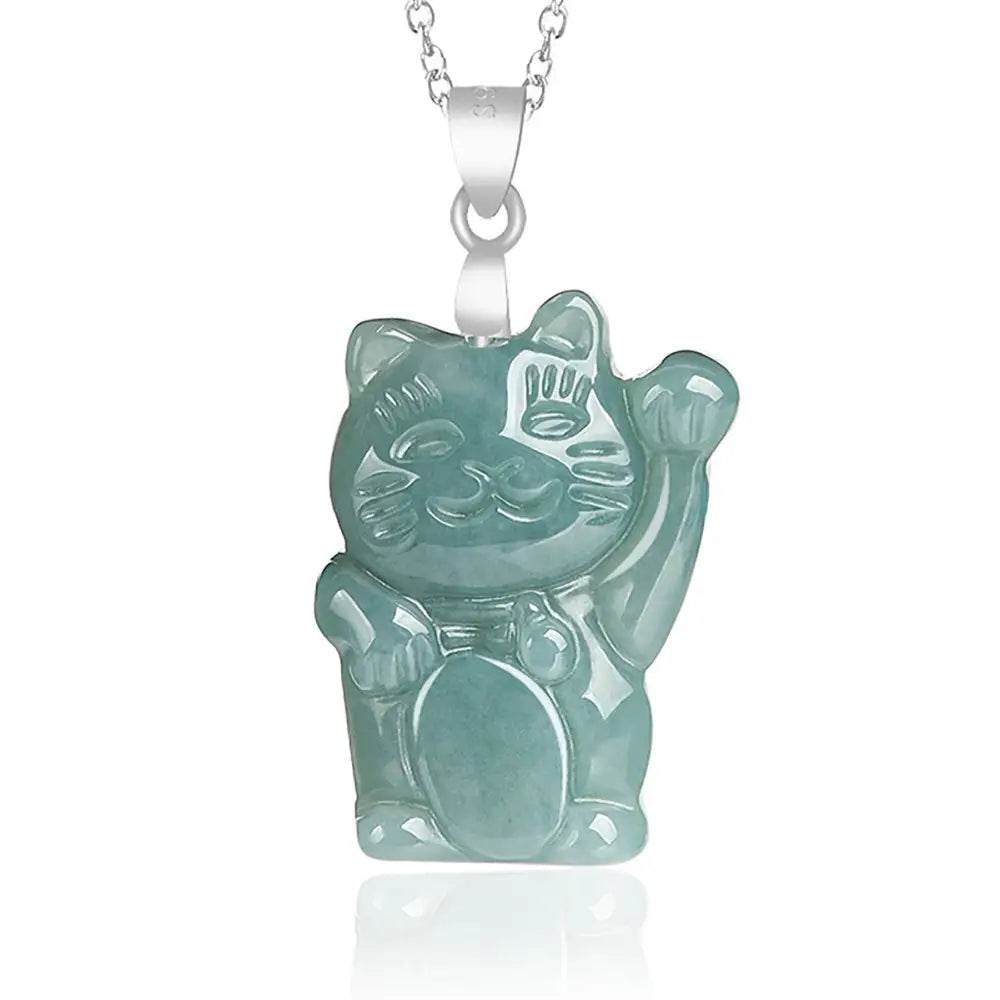 Jade Lucky Cat Necklace Pure Silver Parts Maneki Neko Feng Shui Crystal Necklace for Money Wealth - Loton Decor