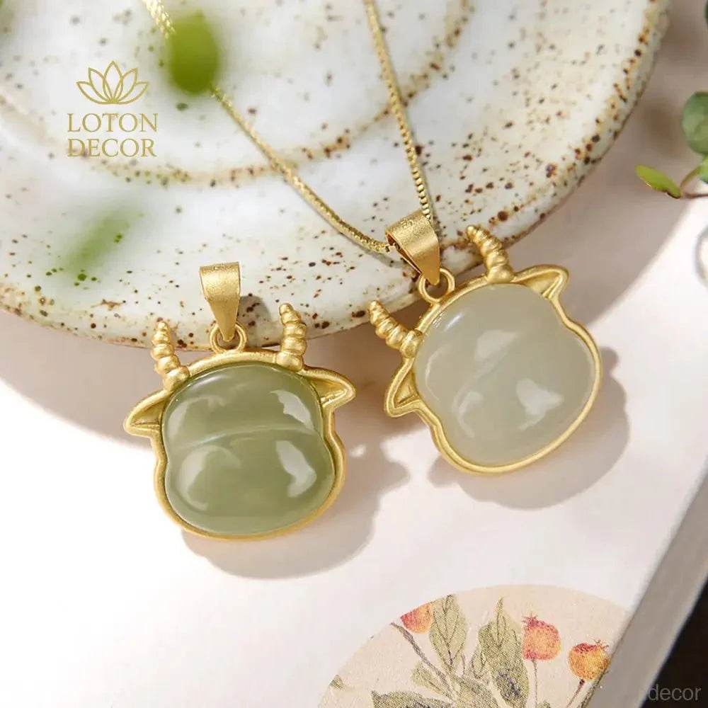 Jade Ox Pendant Necklace – Silver Wealth Protection Charm - Loton Decor
