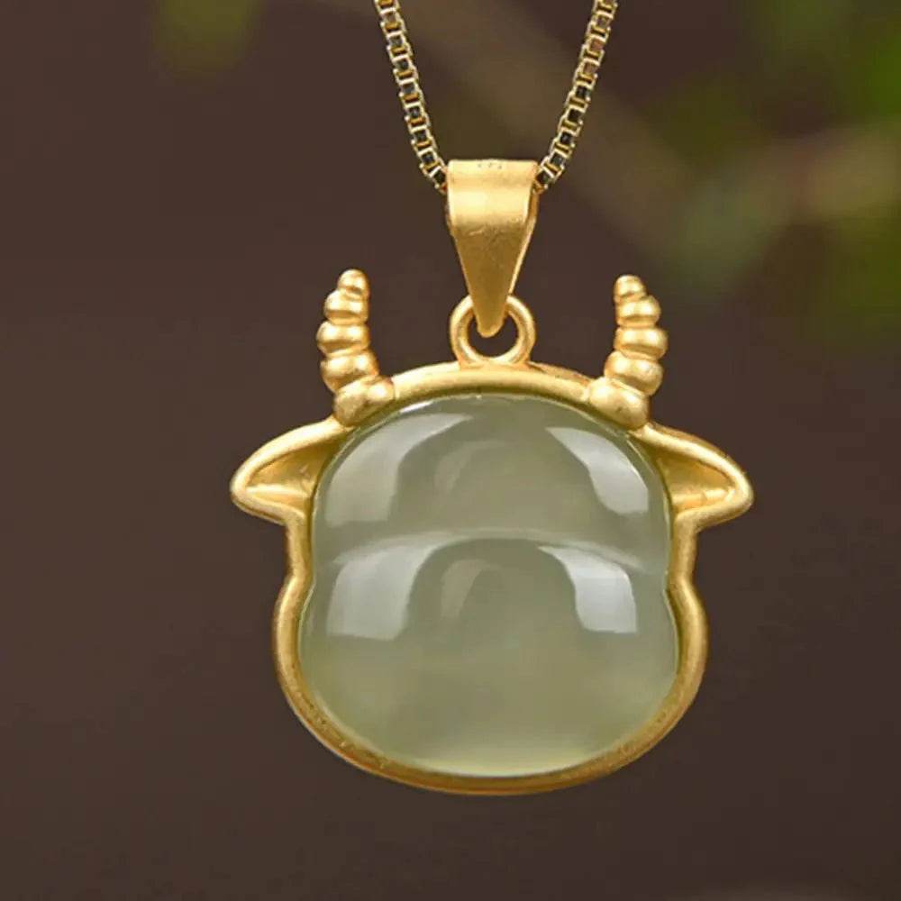 Jade Ox Pendant Necklace – Silver Wealth Protection Charm - Loton Decor