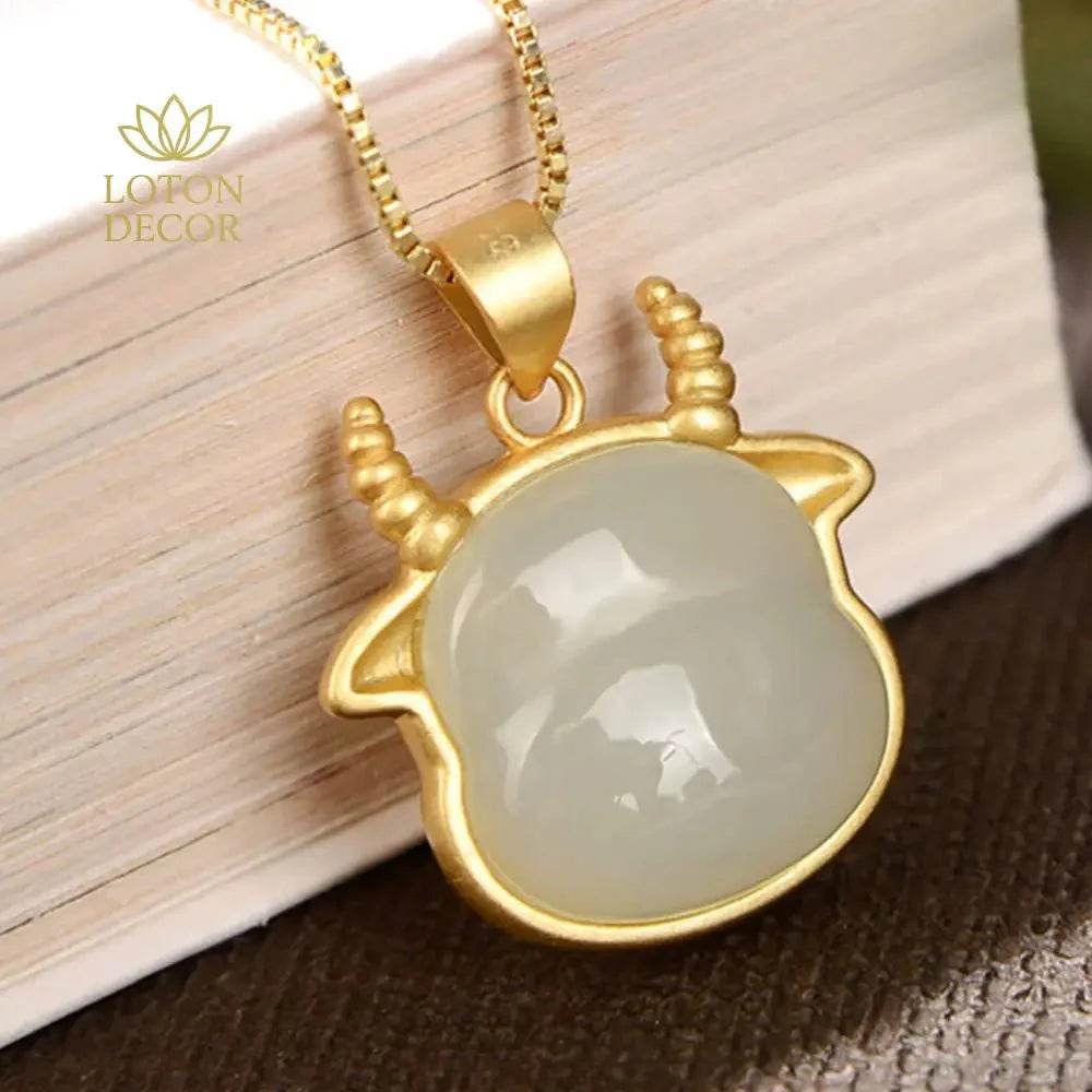 Jade Ox Pendant Necklace – Silver Wealth Protection Charm - Loton Decor