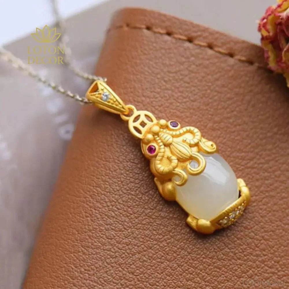 Jade Pixiu Necklace – Feng Shui Jadeite Gold Chain Amulet for Women - Loton Decor