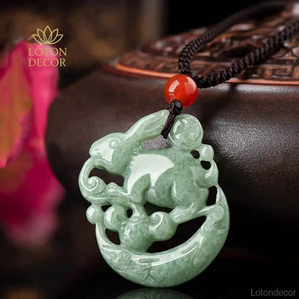 Jade Rabbit Pendant Necklace – Feng Shui Green Amulet for Luck - Loton Decor