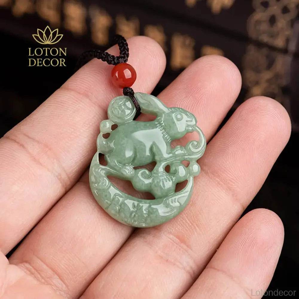 Jade Rabbit Pendant Necklace – Feng Shui Green Amulet for Luck - Loton Decor