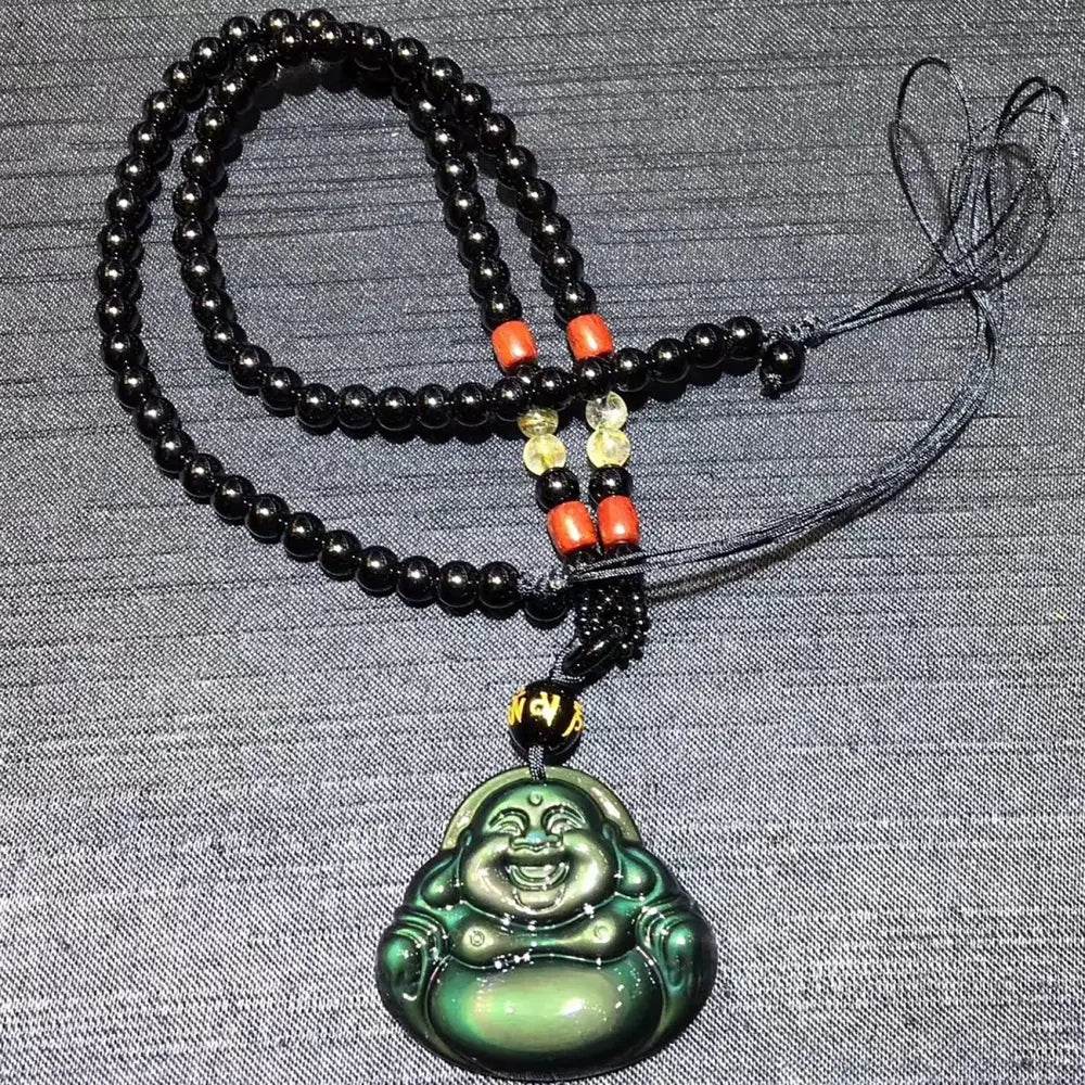 Laughing Buddha Pendant – Obsidian Feng Shui Wealth Amulet - Loton Decor
