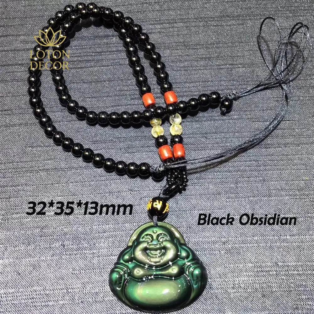 Laughing Buddha Pendant – Obsidian Feng Shui Wealth Amulet - Loton Decor