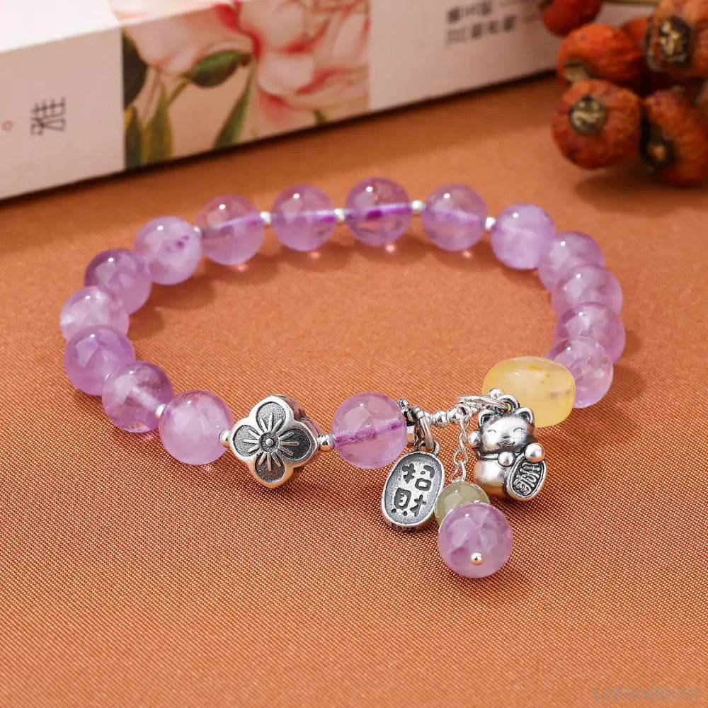 Lavender Jade/Amethyst Lucky Cat Bracelet Thai Pure Silver Maneki Neko Amber Charm Feng Shui Crystal Bracelet Money Wealth - Loton Decor