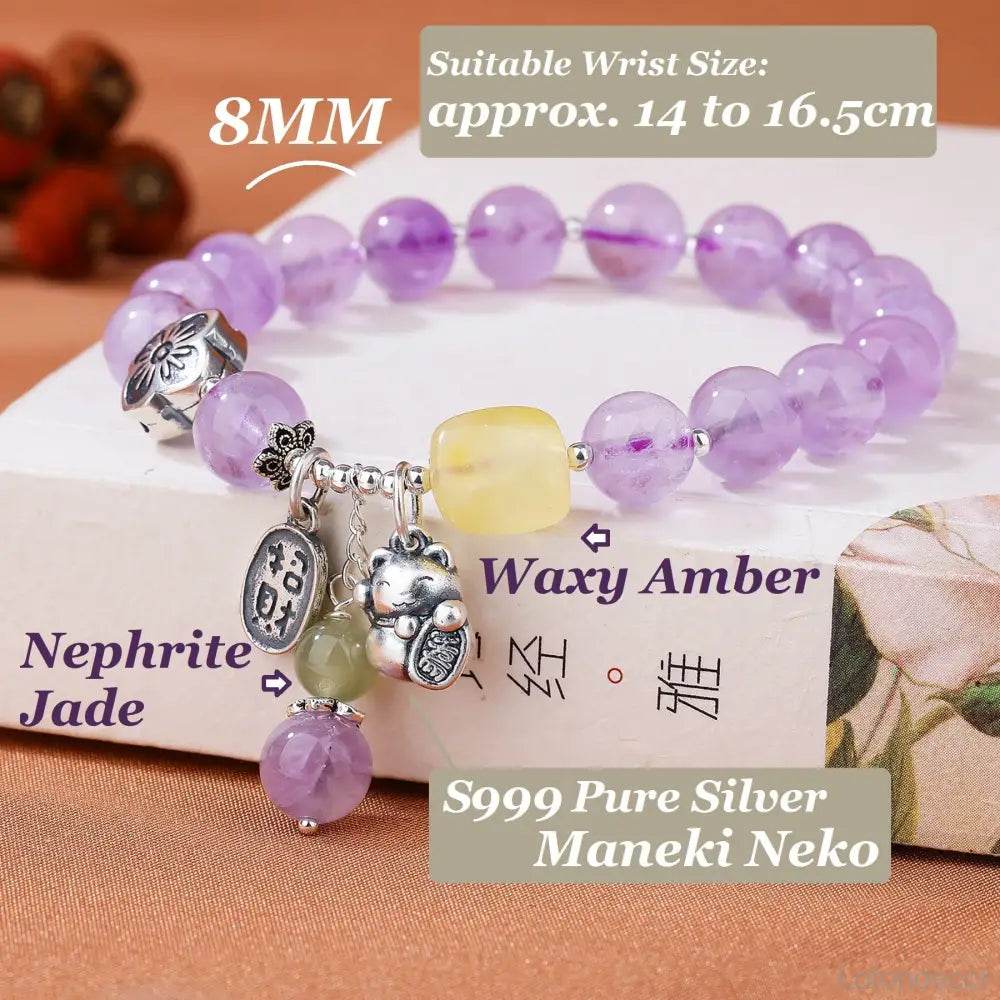 Lavender Jade/Amethyst Lucky Cat Bracelet Thai Pure Silver Maneki Neko Amber Charm Feng Shui Crystal Bracelet Money Wealth - Loton Decor