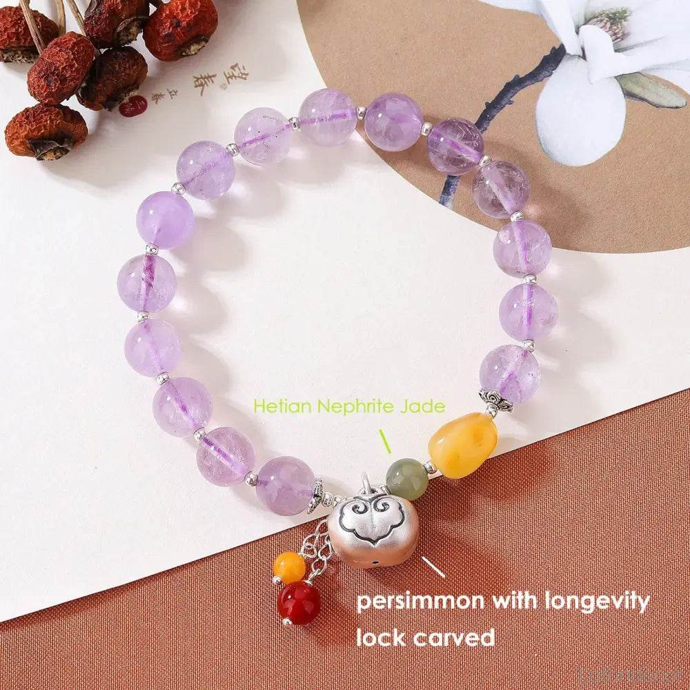 Lavender Jade/Amethyst Lucky Cat Bracelet Thai Pure Silver Maneki Neko Amber Charm Feng Shui Crystal Bracelet Money Wealth - Loton Decor