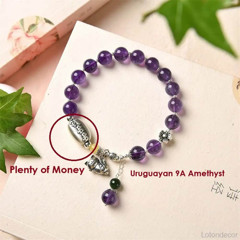 Lavender Jade/Amethyst Lucky Cat Bracelet Thai Pure Silver Maneki Neko Amber Charm Feng Shui Crystal Bracelet Money Wealth - Loton Decor