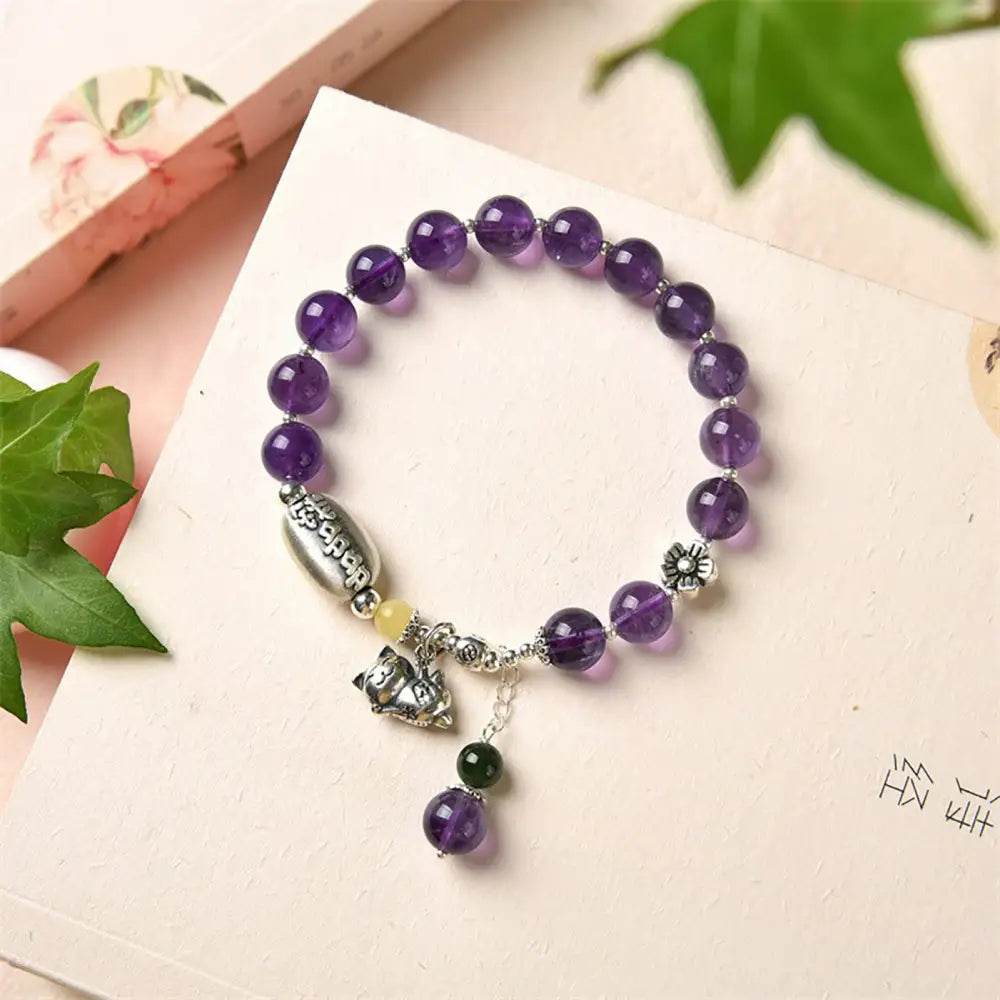 Lavender Jade/Amethyst Lucky Cat Bracelet Thai Pure Silver Maneki Neko Amber Charm Feng Shui Crystal Bracelet Money Wealth - Loton Decor