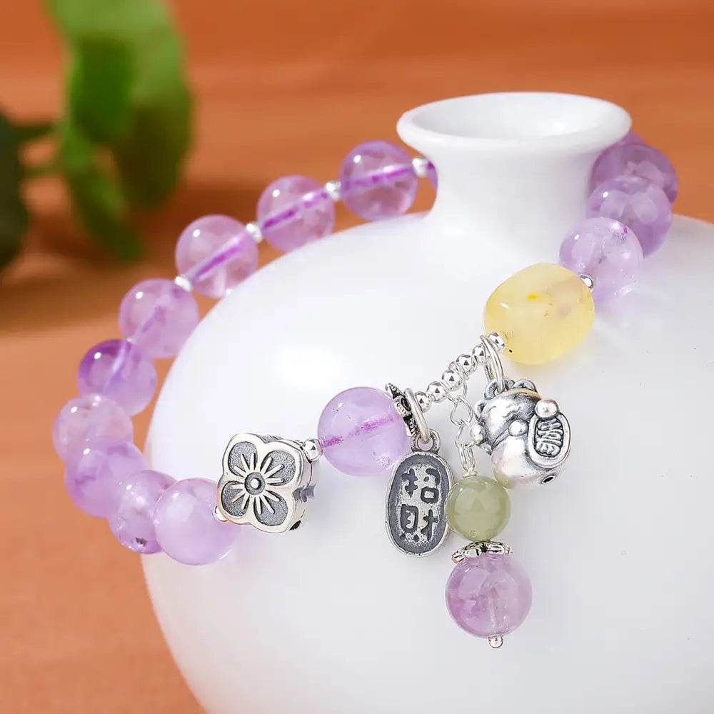 Lavender Jade/Amethyst Lucky Cat Bracelet Thai Pure Silver Maneki Neko Amber Charm Feng Shui Crystal Bracelet Money Wealth - Loton Decor