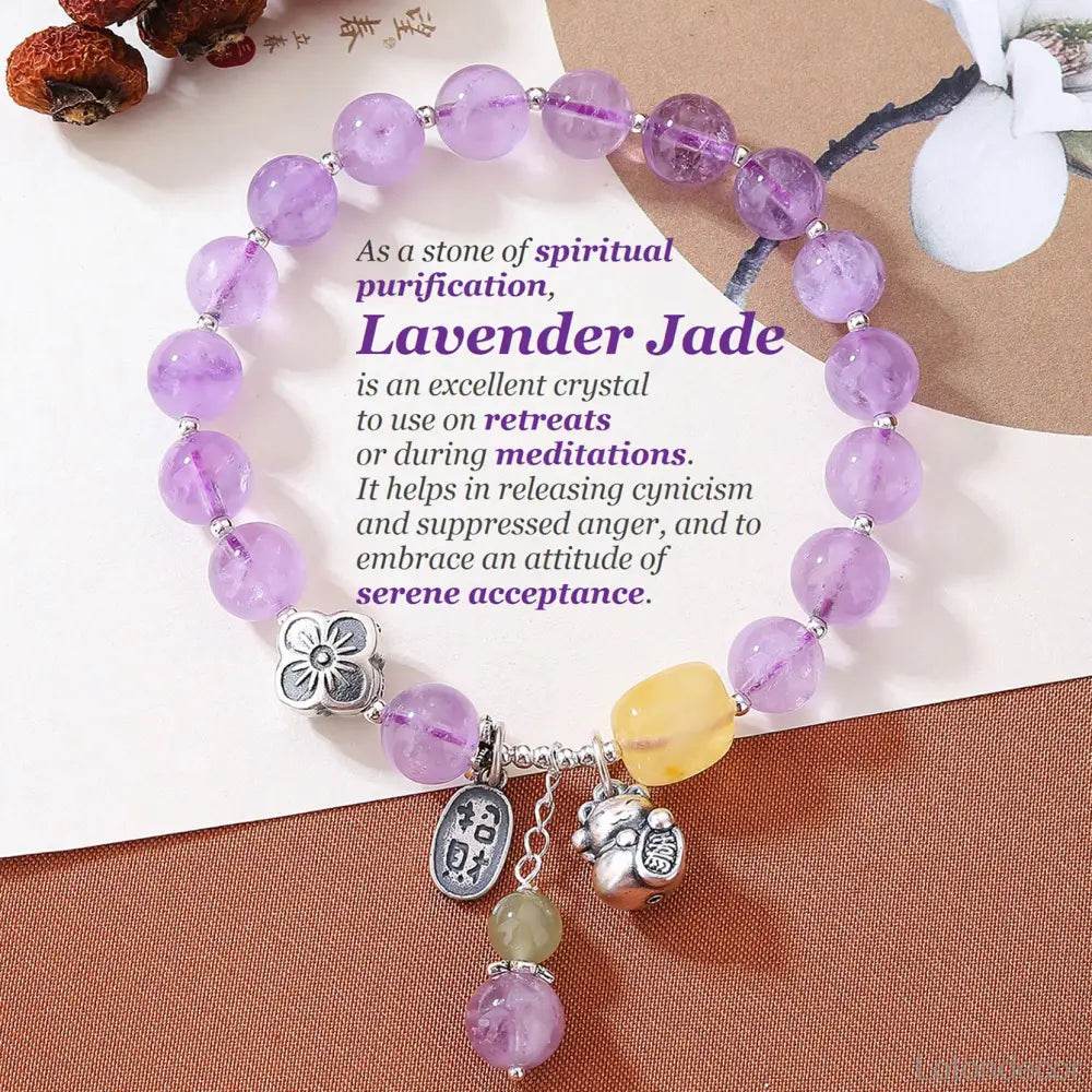 Lavender Jade/Amethyst Lucky Cat Bracelet Thai Pure Silver Maneki Neko Amber Charm Feng Shui Crystal Bracelet Money Wealth - Loton Decor
