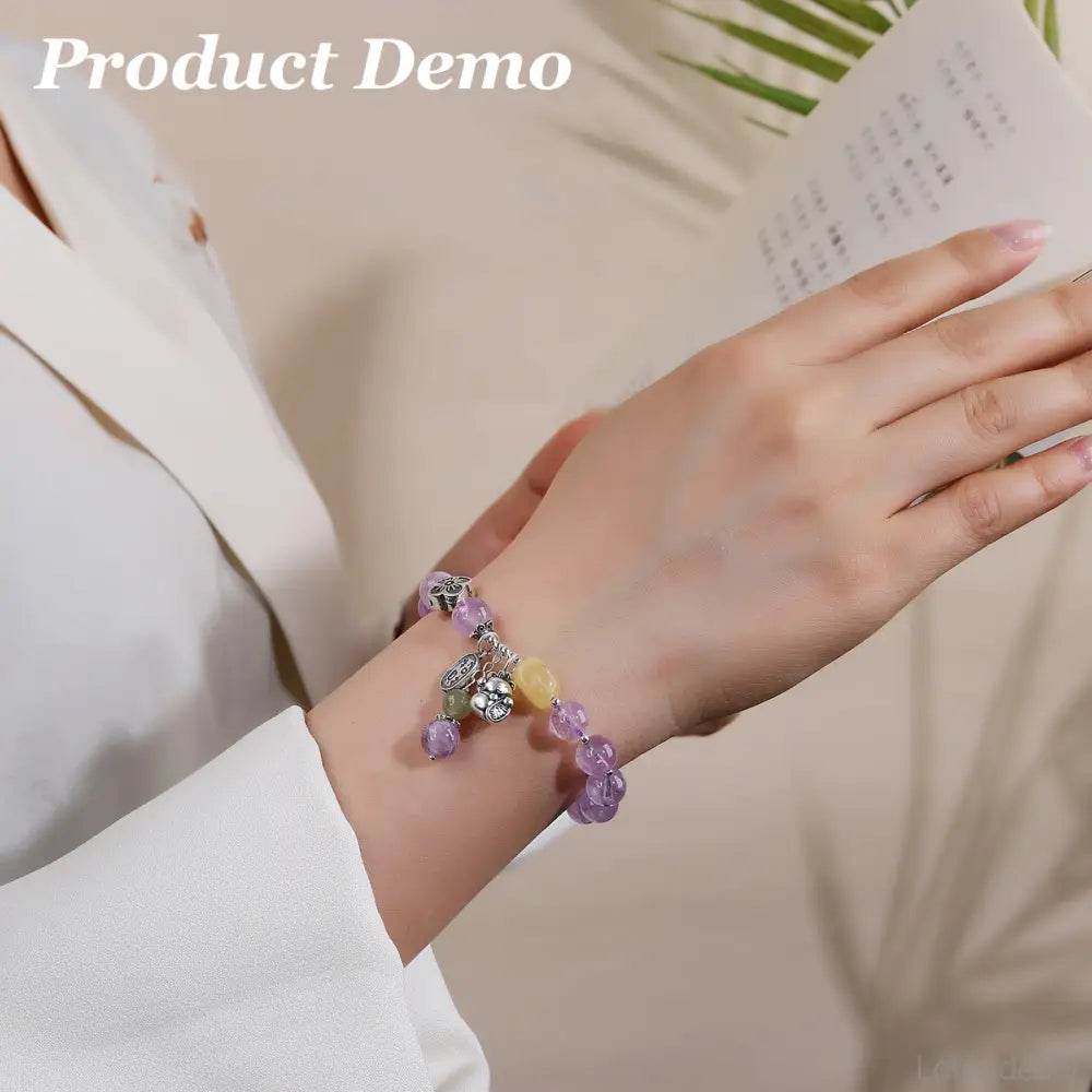 Lavender Jade/Amethyst Lucky Cat Bracelet Thai Pure Silver Maneki Neko Amber Charm Feng Shui Crystal Bracelet Money Wealth - Loton Decor