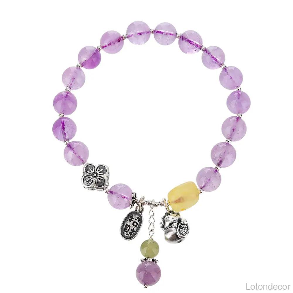 Lavender Jade/Amethyst Lucky Cat Bracelet Thai Pure Silver Maneki Neko Amber Charm Feng Shui Crystal Bracelet Money Wealth - Loton Decor