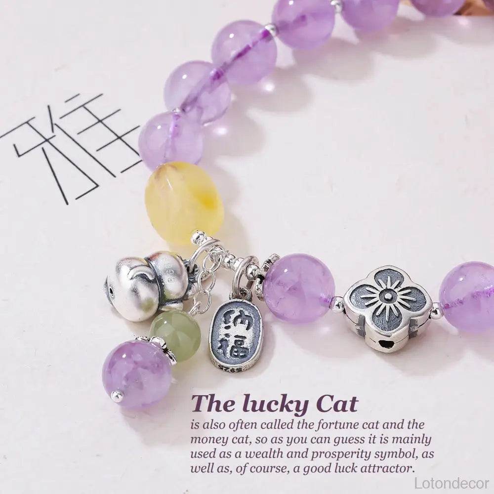 Lavender Jade/Amethyst Lucky Cat Bracelet Thai Pure Silver Maneki Neko Amber Charm Feng Shui Crystal Bracelet Money Wealth - Loton Decor