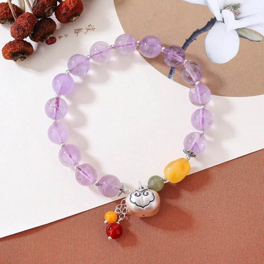 Lavender Jade/Amethyst Lucky Cat Bracelet Thai Pure Silver Maneki Neko Amber Charm Feng Shui Crystal Bracelet Money Wealth - Loton Decor