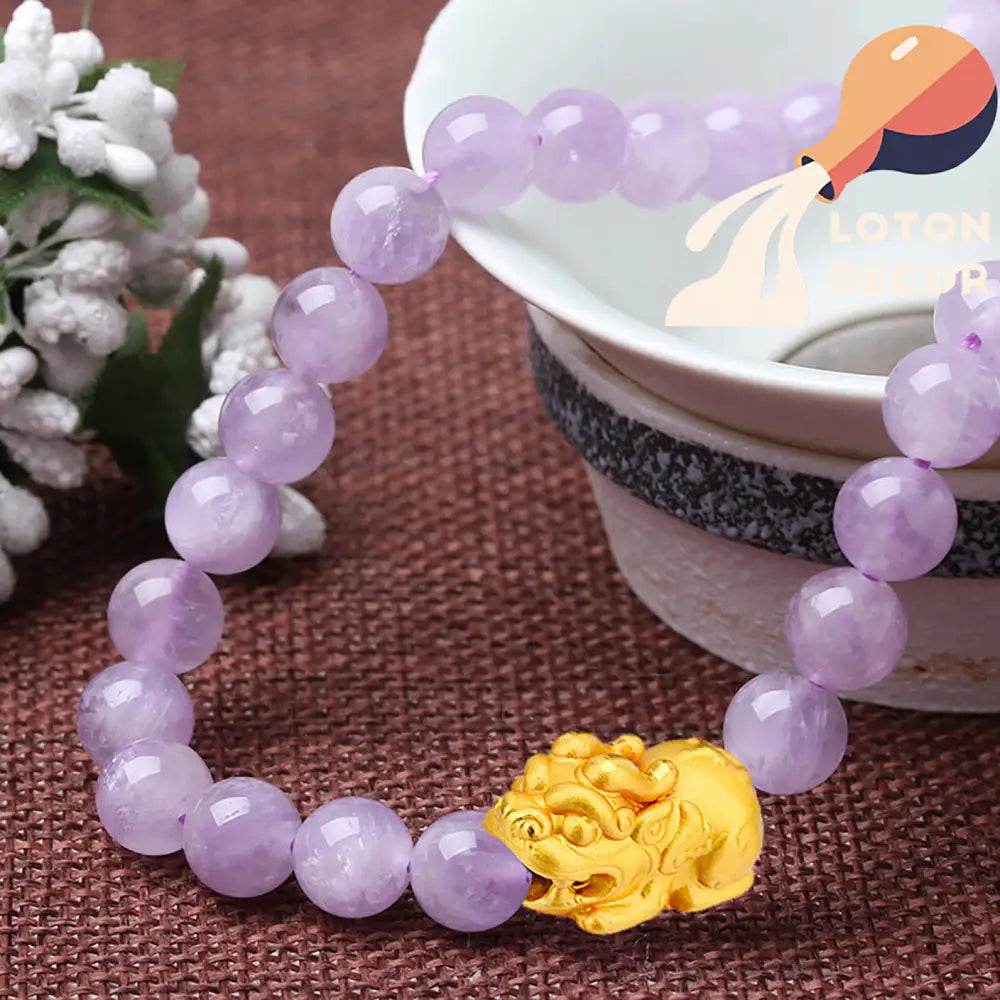 Lavender Jade Golden Pi Xiu Bracelet 18K Gold-filled Pure Silver Pi Yao Feng Shui Wealth Crystal Bracelet - Loton Decor