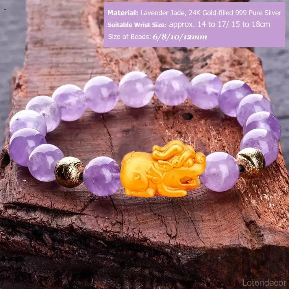 Lavender Jade Golden Pi Xiu Bracelet 18K Gold-filled Pure Silver Pi Yao Feng Shui Wealth Crystal Bracelet - Loton Decor