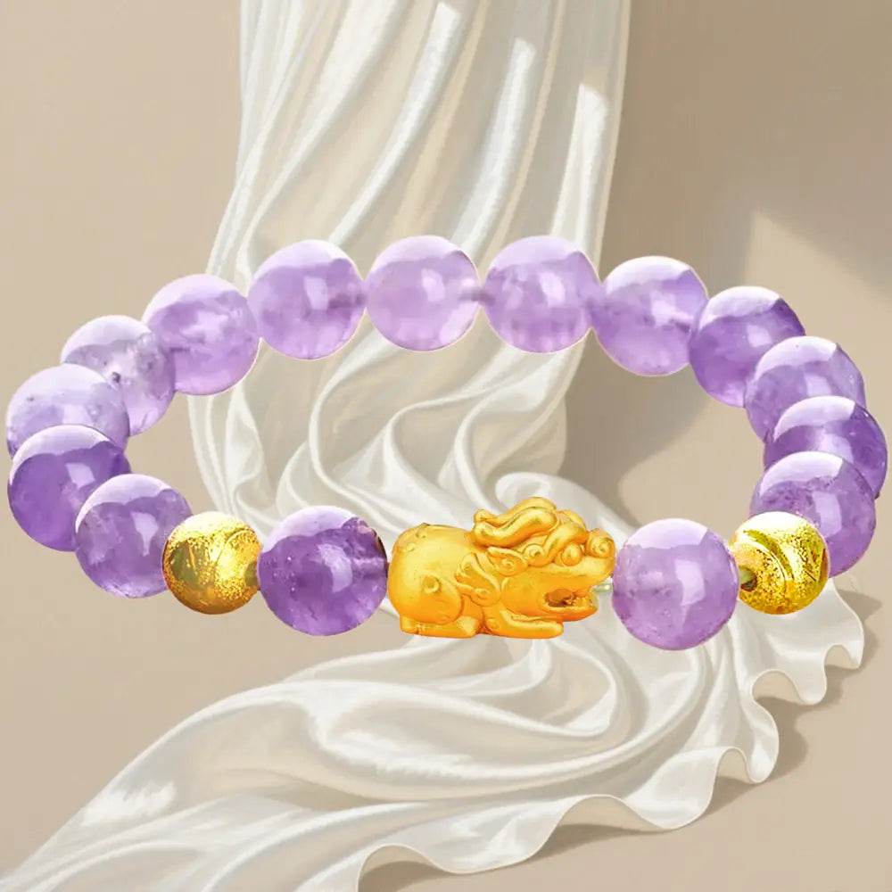 Lavender Jade Golden Pi Xiu Bracelet 18K Gold-filled Pure Silver Pi Yao Feng Shui Wealth Crystal Bracelet - Loton Decor