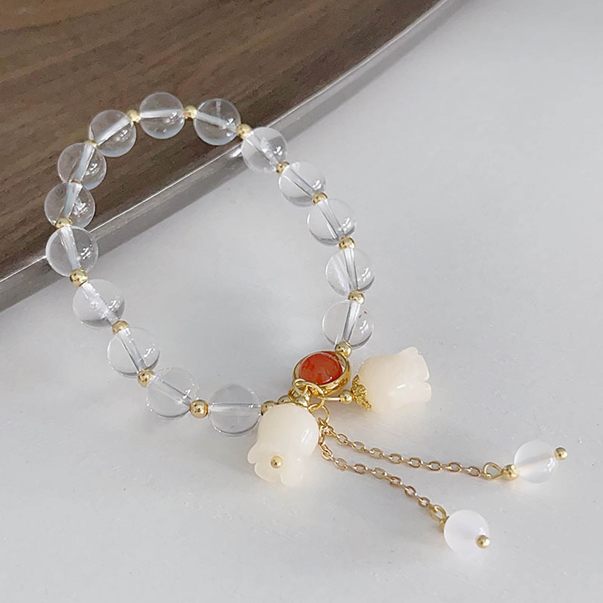Clear Quartz Bracelet Lily Rose Flower Charm Feng Shui Wealth Crystal Bracelet for Prosperity Money - Loton Decor