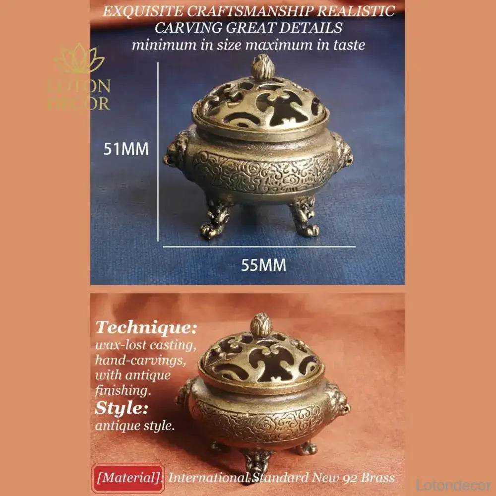 Lion Feet Brass Incense Burner Cone Coil Incense Holder Antique Cauldron Feng Shui Wealth Talisman for Tranquility Prosperity - Loton Decor